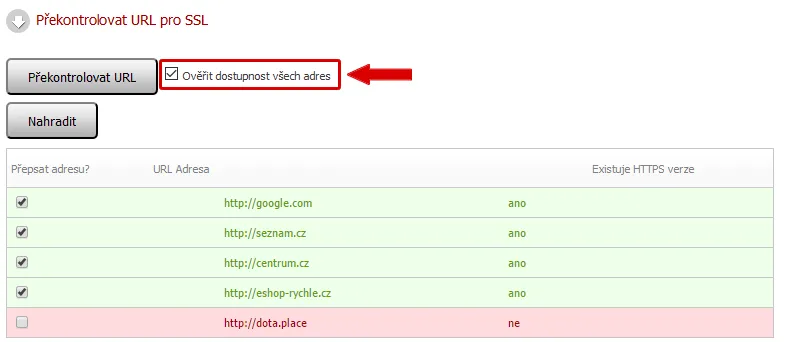 Ověření dostupnosti všech adres pro SSL v administraci Eshop-rychle.cz