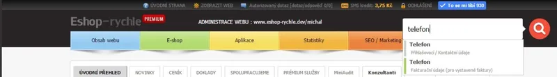 Našeptávač fulltextového vyhledávání v administraci Eshop-rychle