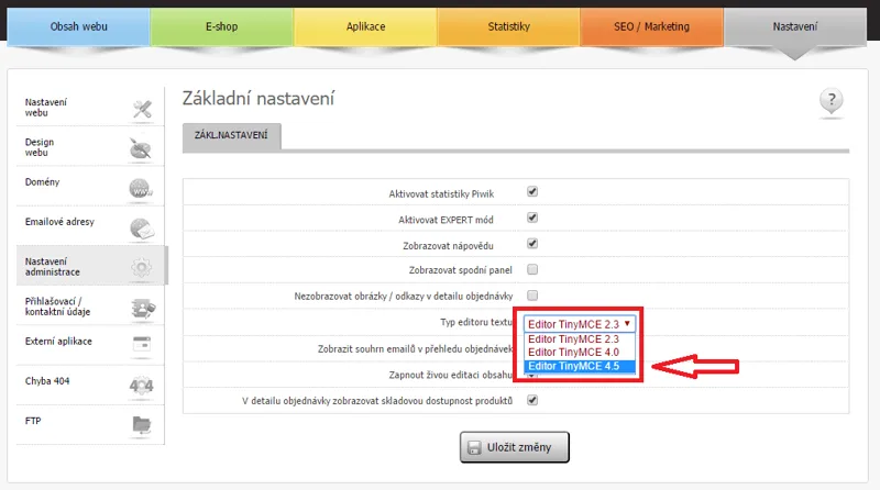 Nový TinyMCE editor a souborový manažer