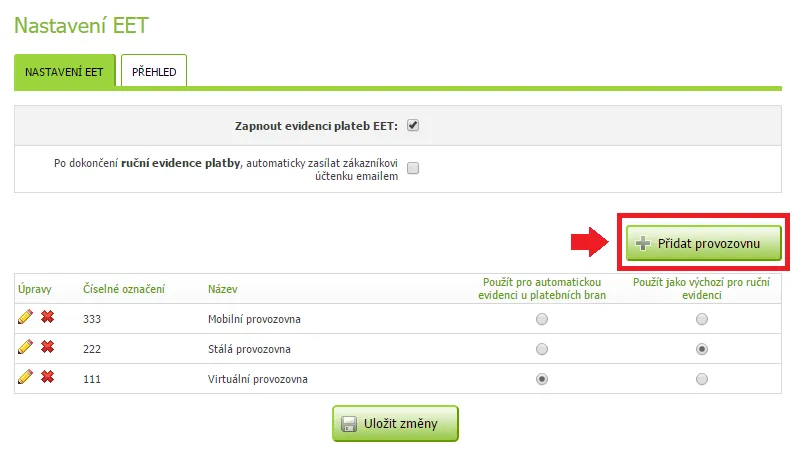 Tlačítko pro přidání provozovny v EET modulu administrace Eshop-rychle