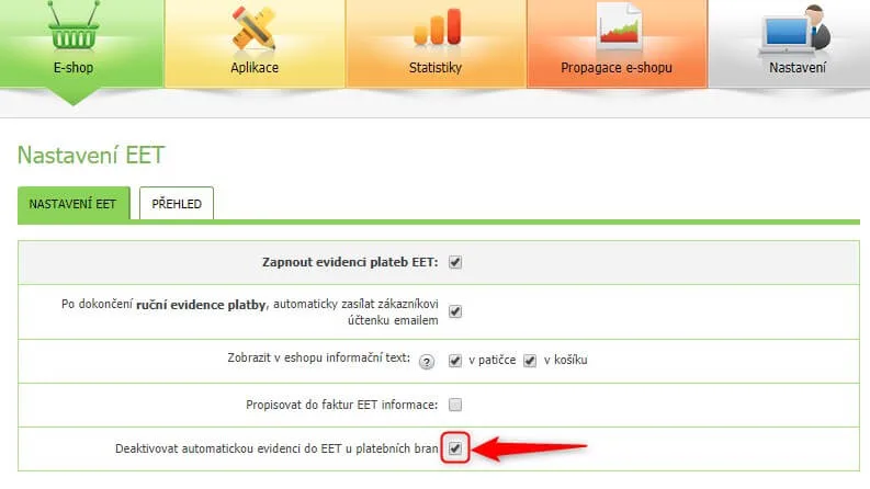Deaktivace automatické evidence plateb kartou do EET - Administrace Eshop-rychle