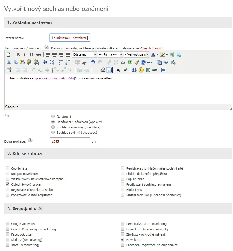Nastavení oznámení s námitkou pro modul GDPR v administraci Eshop-rychle