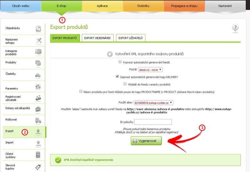 Generování XML feed Eshop rychle admiistrace