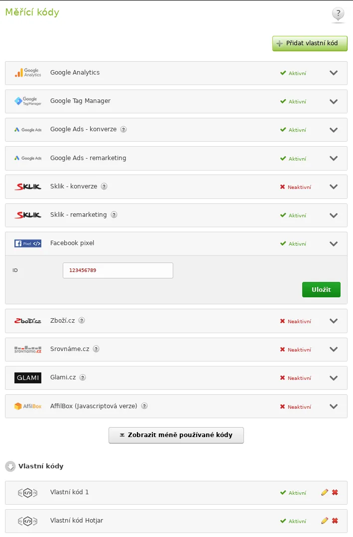 nový vzhled sekce s nastavením měřících kódů - administrace Eshop-rychle