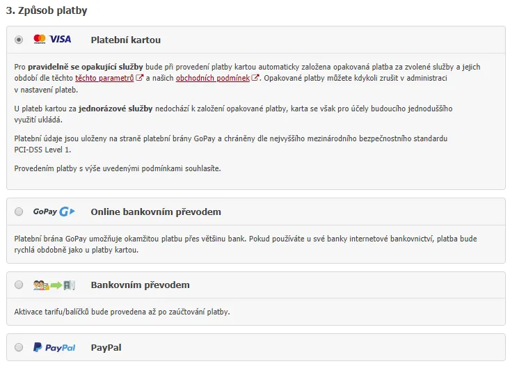 Způsoby platby za služby Eshop-rychle - nově automatické inkaso z platební karty