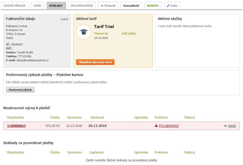 Přehled zaplacených dokladů - administrace Eshop-rychle